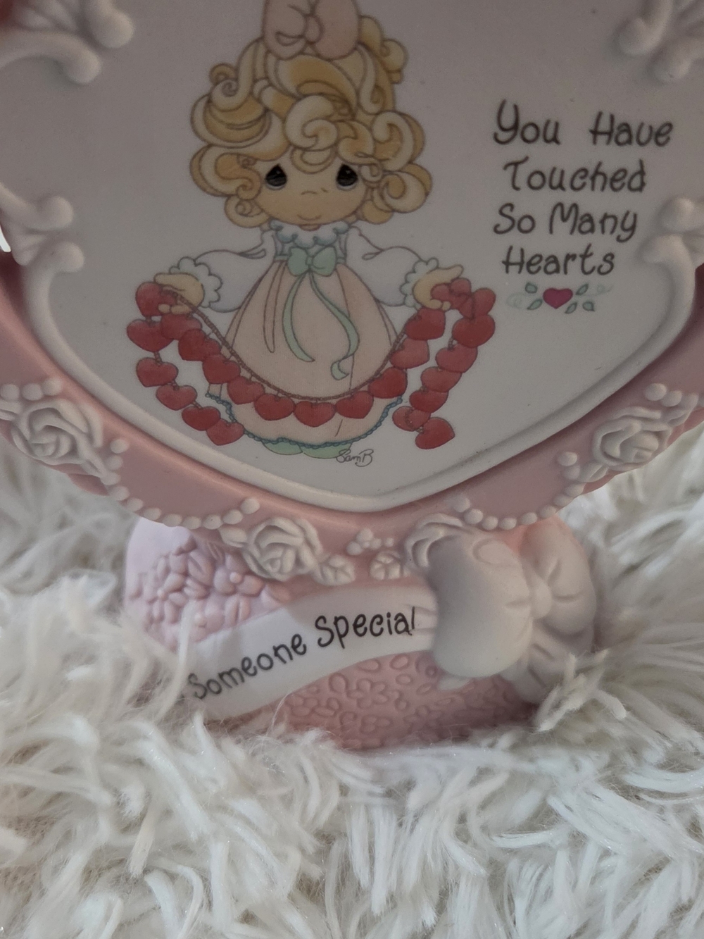 Precious Moments Pink Heart Figurine with Red Heart Garland